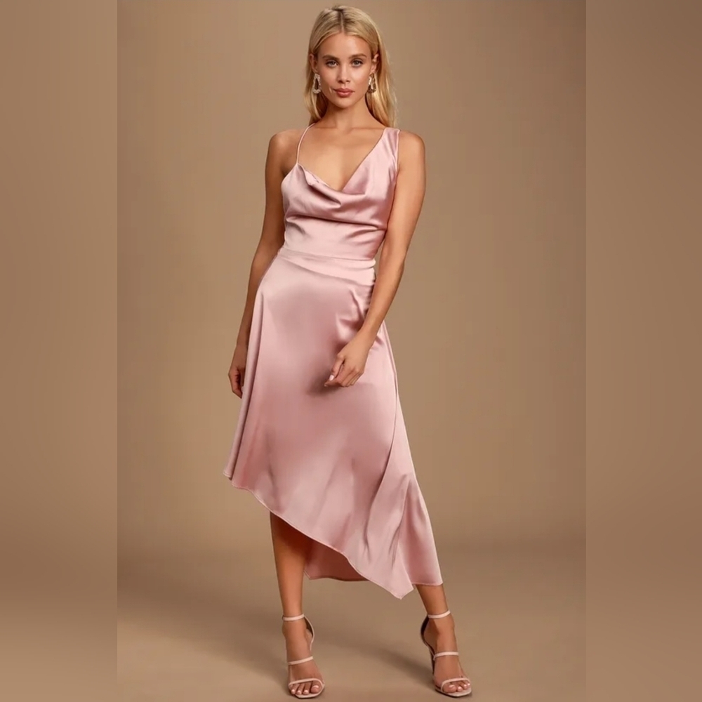 Lulu's Sereno Mauve Pink Satin Cowl Neck Asymmetrical Midi Dress, Size Medium